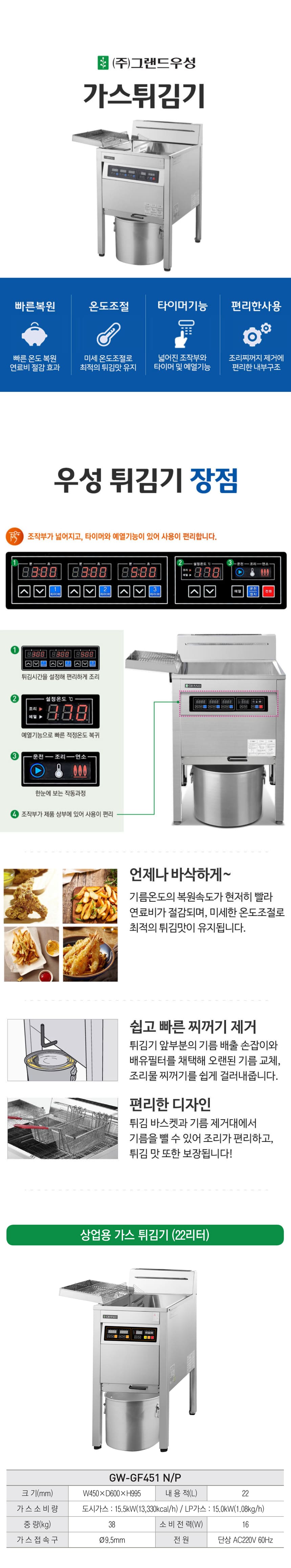 [그랜드우성] 업소용 가스 튀김기 22L (LPG or LNG 선택) (36) GW-GF451 상세 이미지 1