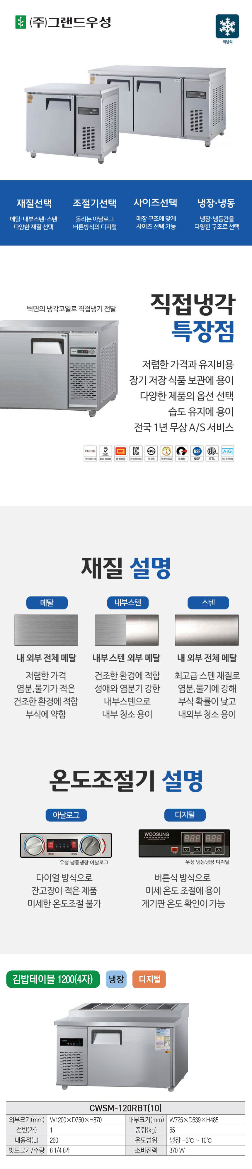 [그랜드우성] 직냉식 김밥 냉장고 260L (올스텐) (36) CWSM-120RBT_올스텐 (K) 상세 이미지 1
